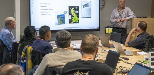 Chris Quine, Forest Research's Chief Scientist speaking at IUFRO ForestGALES fgr workshop on 09 April 2024. Location: Northern Research Station, Roslin, Midlothian, Scotland.