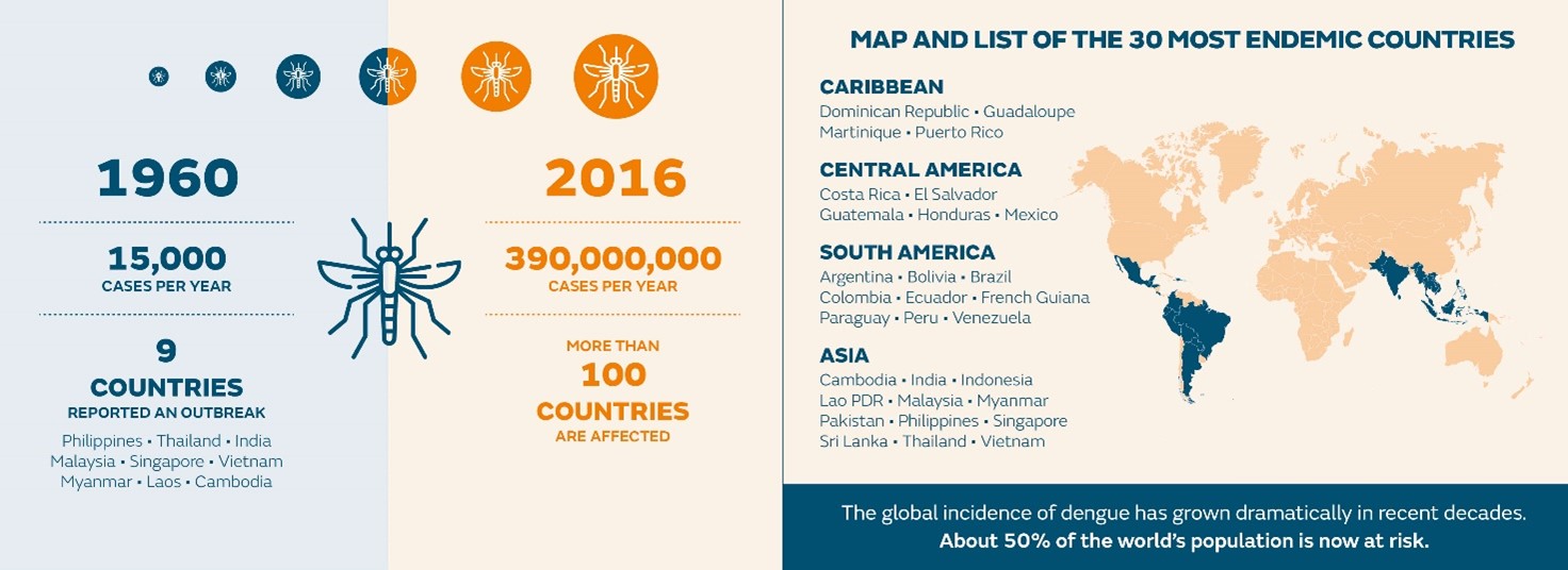 Figure 1: The increase in cases of dengue over the past 50 years and the 30 countries where it is most endemic.
