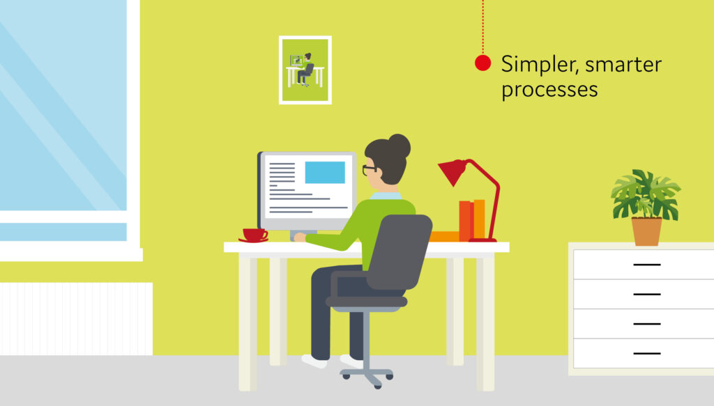 A woman at desk working on desktop computer. Text in image says 'simpler, smarter processes'.