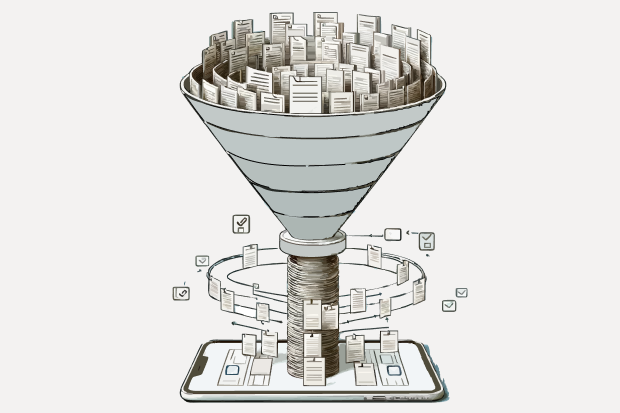 A funnel, sat on top of a mobile phone, with papers coming out of it and flying around the sides of it.