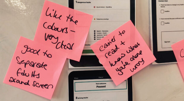 post-it notes saying 'good to separate faults around screen' 'like the colours very clear' and 'easier to read and know what you've done wrong'