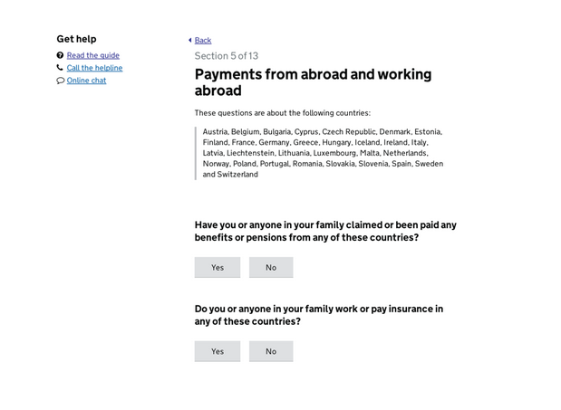 Carer allowance service page with questions about payments from abroad and work abroad
