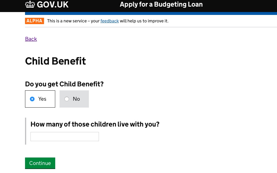 Child Benefit section of the prototype following user research insight