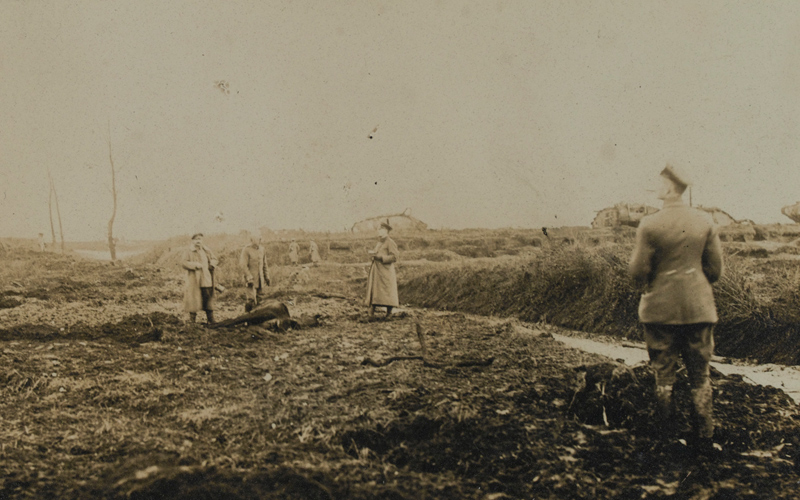 German soldiers standing in front of knocked out British tanks, Cambrai, November 1917