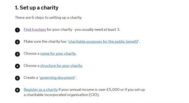 A GOV.UK page showing 6 steps to set up a charity.