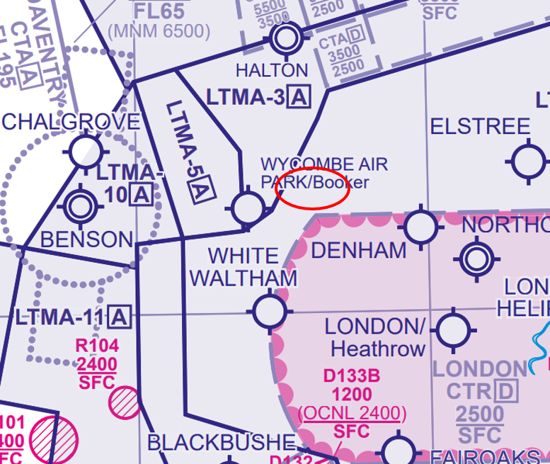 Chart showing where the AIW alert activated, east of Wycombe Air Park/Booker aerodrome