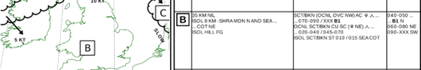 Figure 3 – excerpt from the Met Forms F215 Forecast Weather below 10000 FT valid at the time of the occurrence and published at 0300 UTC on the day of the flight.