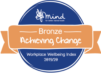 Logo for the MIND Workplace Wellbeing Index 2019/20. Bronze Achieving Change Award.