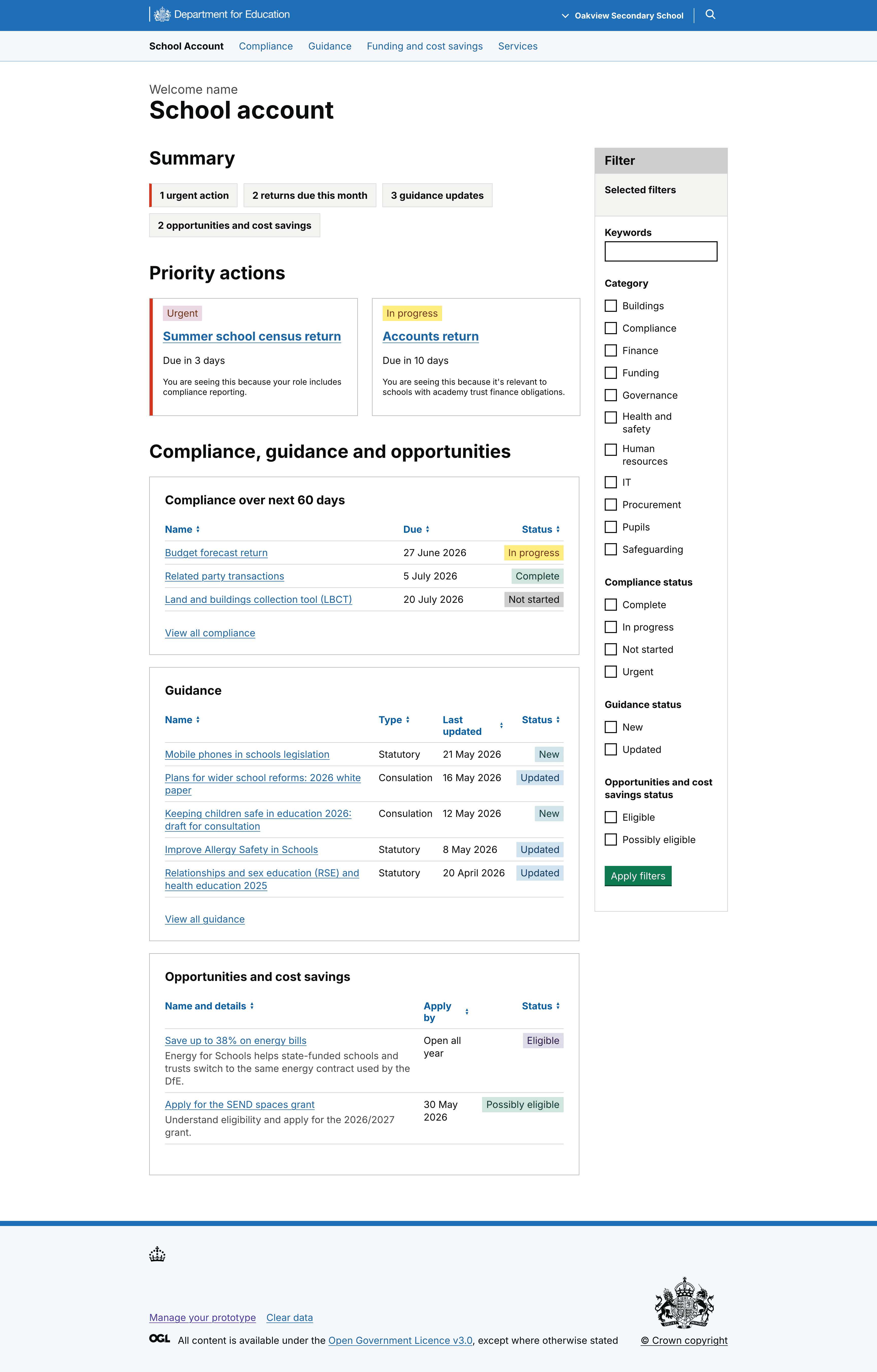 School Account hub page combined view