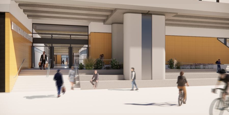 Visualisation showing the southern side enrance at the eastern end of the new Curzon Street station