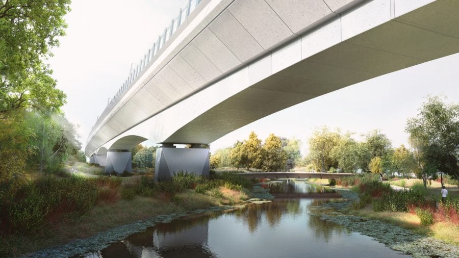 Artist's impression of the Colne Valley viaduct across Korda Lake - (C) Grimshaw 
