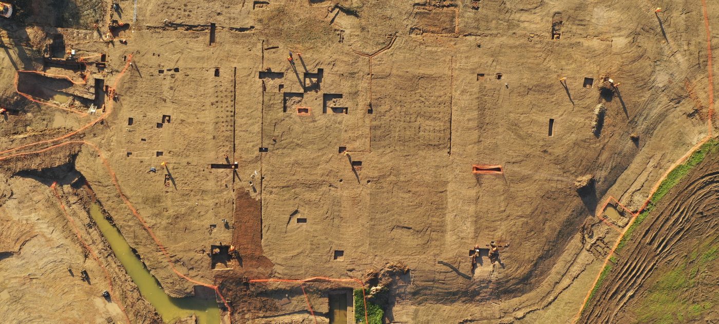 A drone photo of Coleshill Manor and surrounding gardens, during the archaeological excavation.