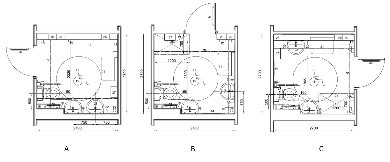 Three different square facility configuration development sketches showing the different position of the door in relation to the WC pan
