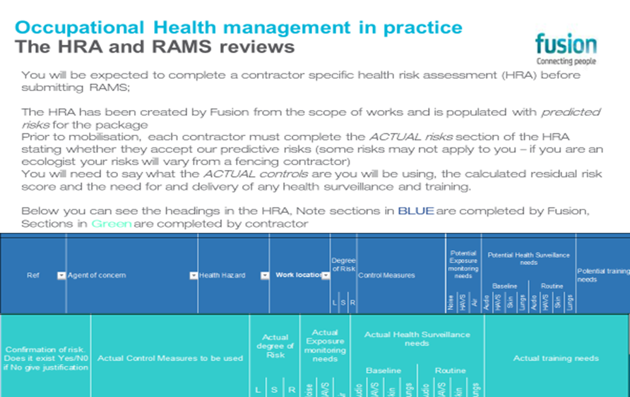 Extract of the two part health risk assessment template