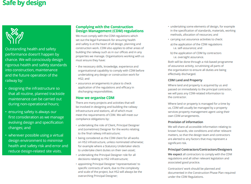 Screenshot of HS2 Safe by Design page taken from HS2 Supply Chain Health and Safety Approach
