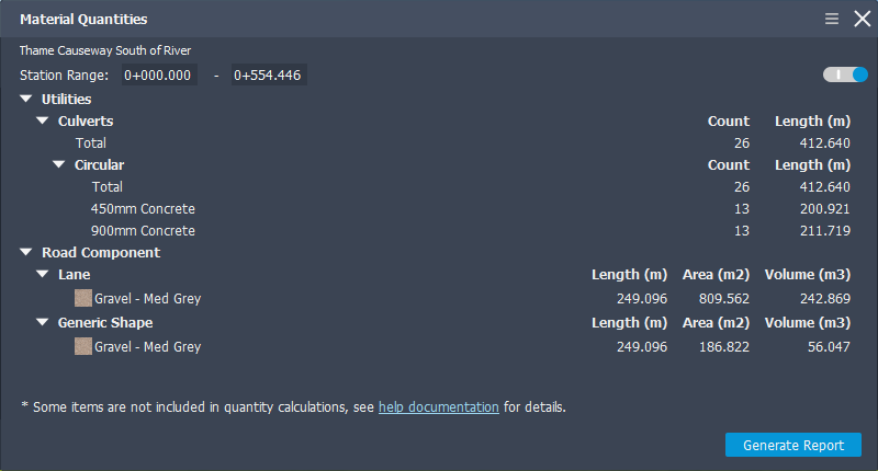 Screenshot of material output report from InfraWorks