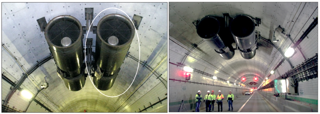 Picture of jet fans installed in a road tunnel.