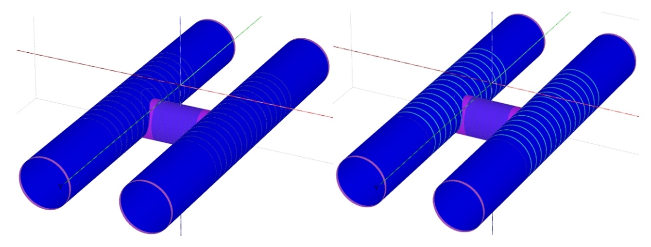 Two bright blue parallel cylindrical tunnels connected and modelled in two situations. On the left a continuous tube. On the right a hinged connection
Diagram showing analysis of two extreme conditions modelled as a continuous tube and as hinged connexions