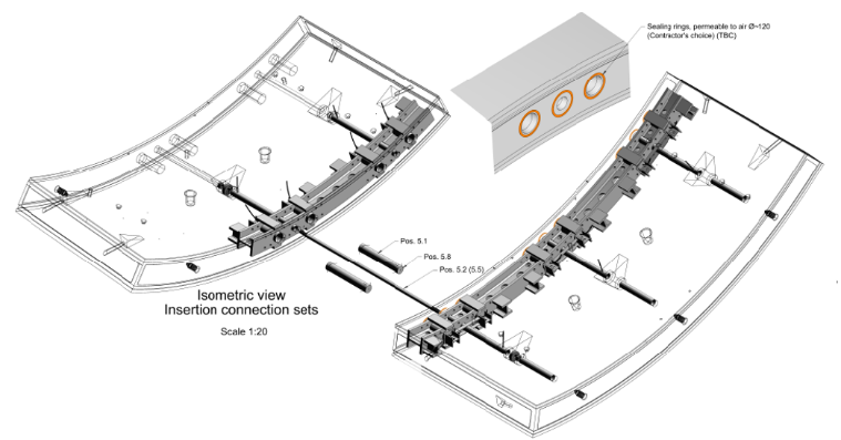 Diagram showing tension rods and dowels between rings with detail on the pipe sleeves