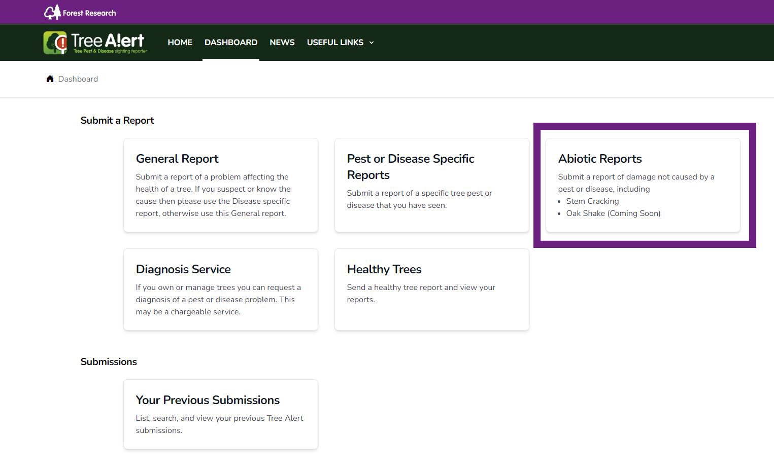 A screenshot of the TreeAlert tool, showing where to submit a stem cracking report.