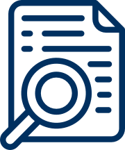 Blue and black icon of a paper with a magnifying glass