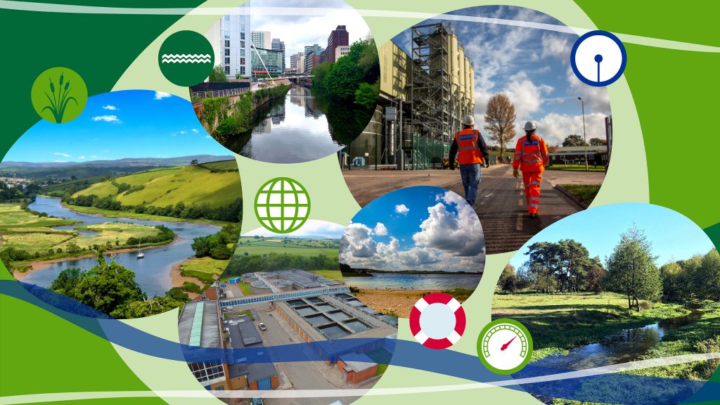 Snapshots of water environmental scenes against a green background. Includes rivers, beaches, aqueducts, water company staff working on-site,
