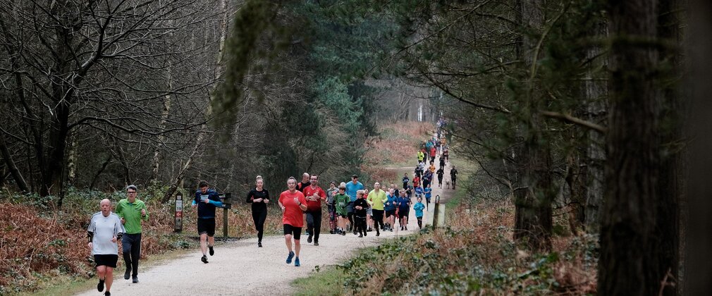 People running along a forest road for parkrun