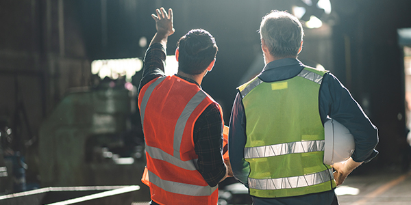 Two workers in high-visibility vests in an industrial setting, one gesturing and one holding a hard hat