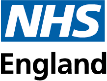 NHS England logo. Blue lozenge, with NHS letters in white against the blue and the word England underneath in black text.