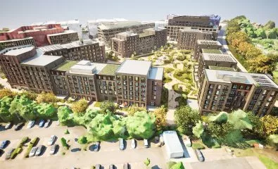 Aerial view of mixed-use development around Cambridge North station.