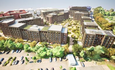 Aerial view of mixed-use development around Cambridge North station.