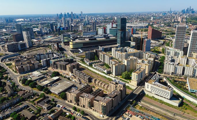 Aerial view of Queen Elizabeth Olympic Park in East London, which was built for the 2012 Summer Olympics and Paralympics.