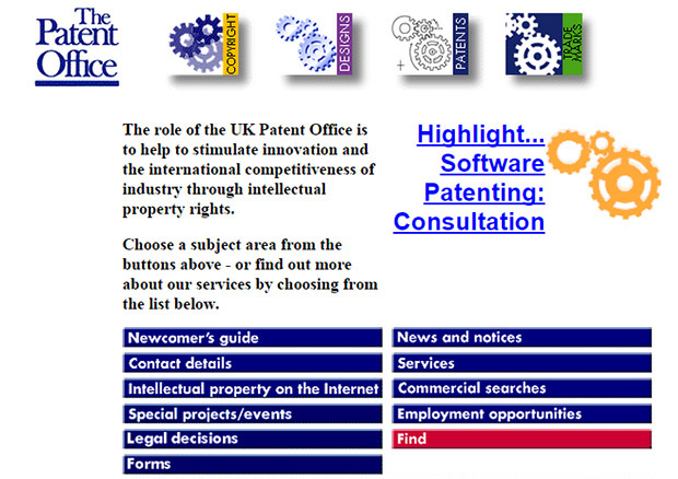 Patent Office website homepage when launched in 1997
