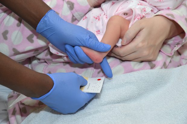 A midwife taking a blood spot from baby's heel.