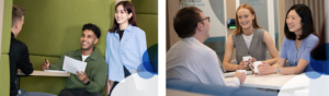 Wellbeing Photo of smiling colleagues in a relaxed work environment.
