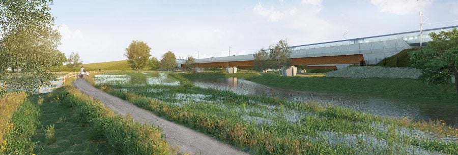 View from public path looking at River Cole Viaducts with river partially flooded