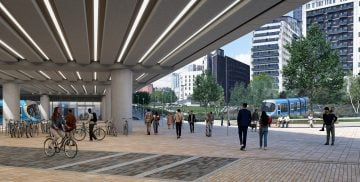 Thumbnail 14 of Visualisation showing trams and cyclists at the eastern entrance to the new Curzon Street station