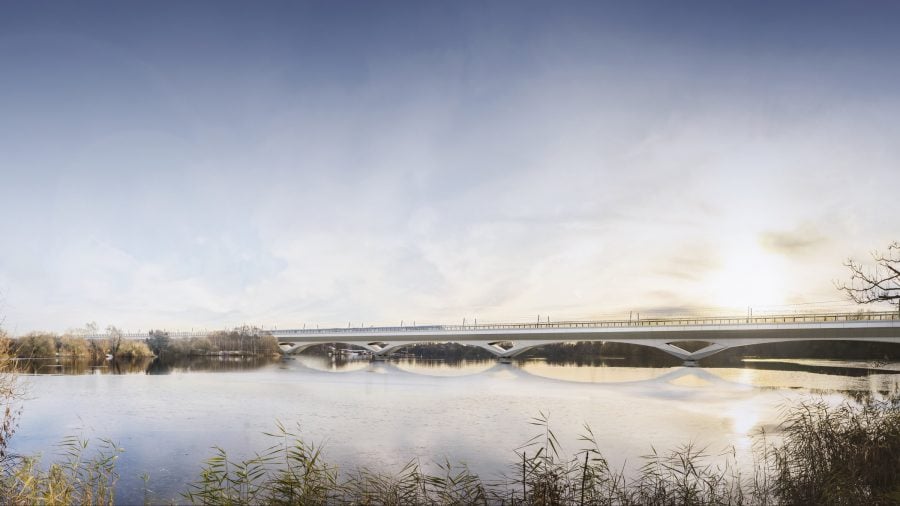 Artist's impression of the Colne Valley viaduct across Korda Lake - (C) Grimshaw 