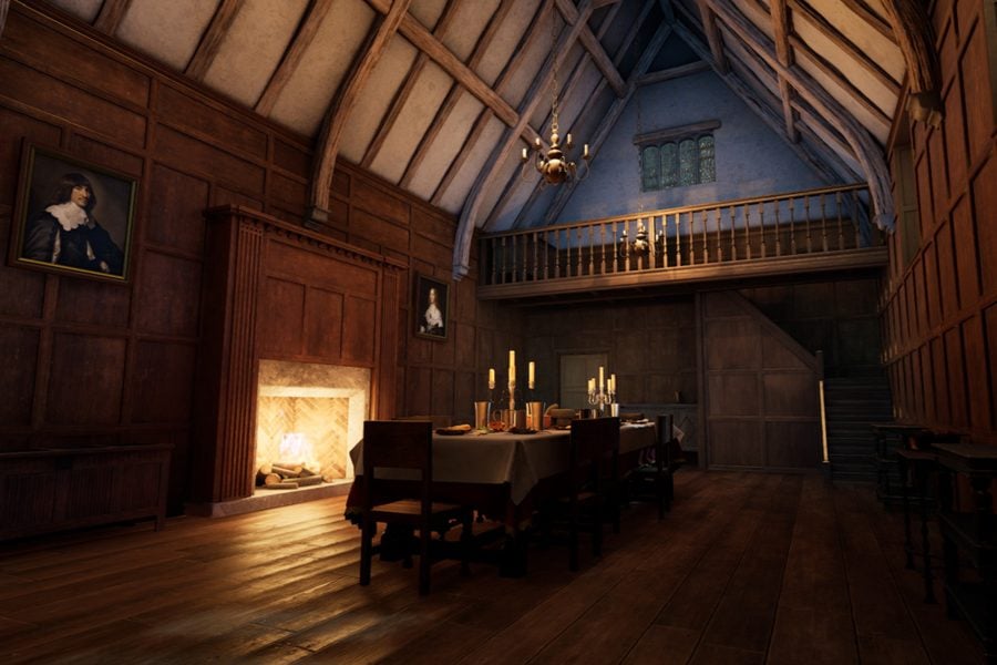 A 3D reconstruction of the great hall, Coleshill Hall, during the Elizabethan period.