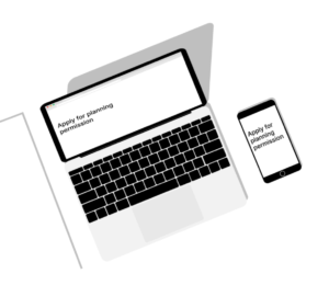 A laptop and mobile phone with the words 'Apply for planning permission' on the screen