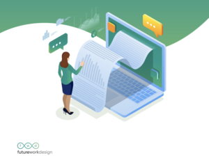 An illustration of a businesswoman reviewing a report
