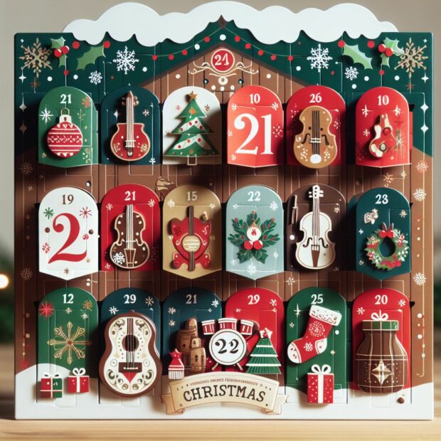 Christmas advent calendar with musical instruments on some of the doors
