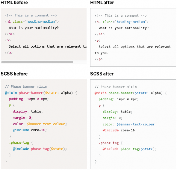 Screenshots of blocks of code before and after the new colour scheme has been applied.