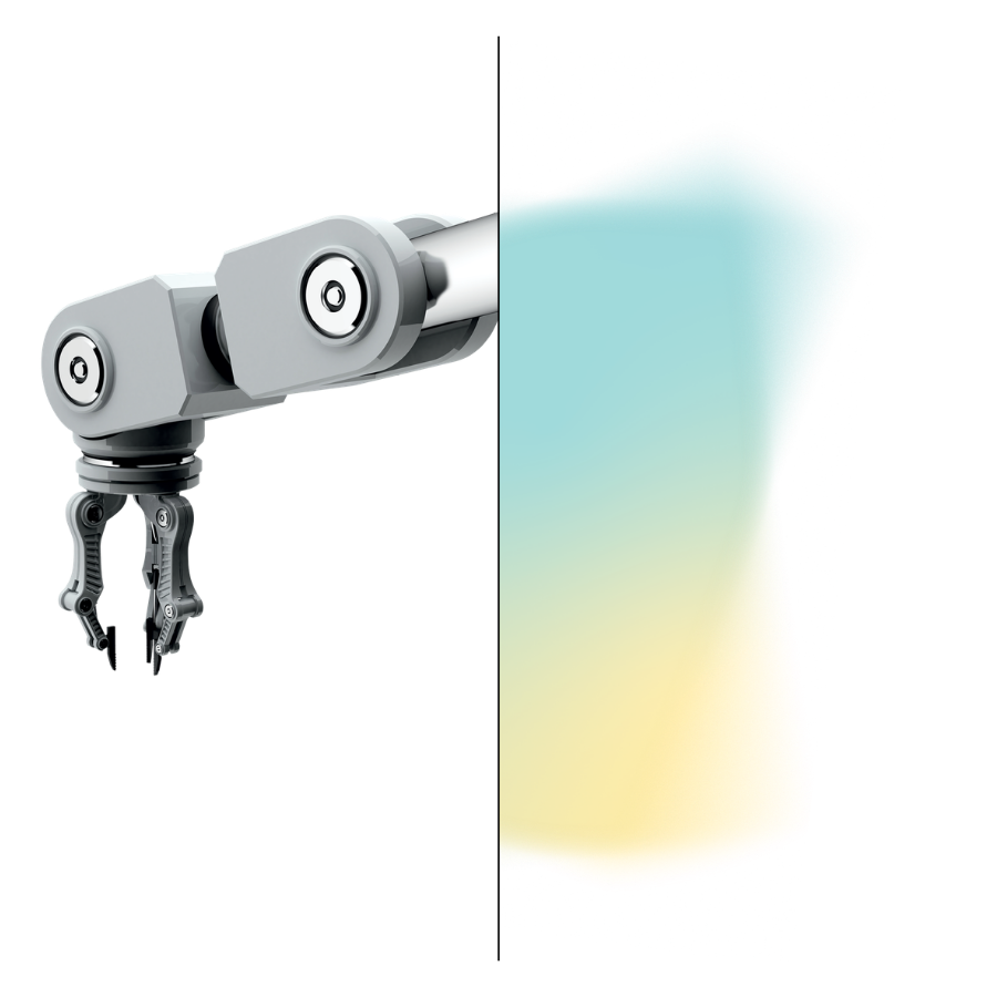 Graphic of a robot arm with a teal and yellow gradient making up the other half