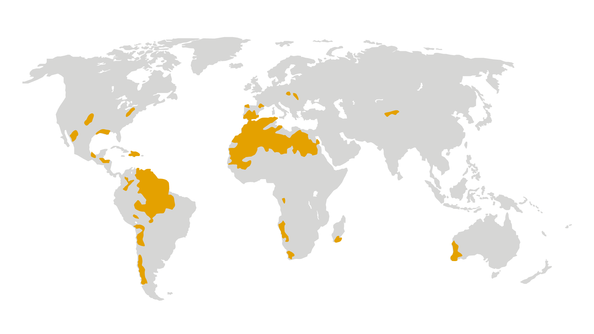 Global map showing the regions that are projected to be most affected by hydrological drought at 4°C global warming. The regions are parts of Northern America, parts of Central America, northern and southwestern South America, northern Africa, parts of southwestern Africa, central Asia, southern Madagascar and western Australia.