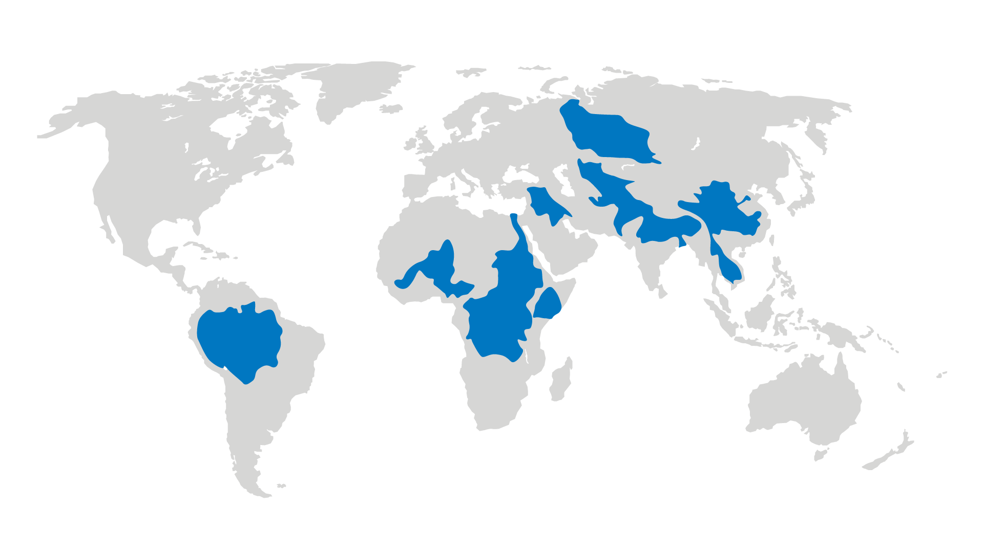 Global map showing the regions that are projected to be most affected by at 4°C global warming. The regions are central South America, eastern and central Africa, central and southeast Asia.