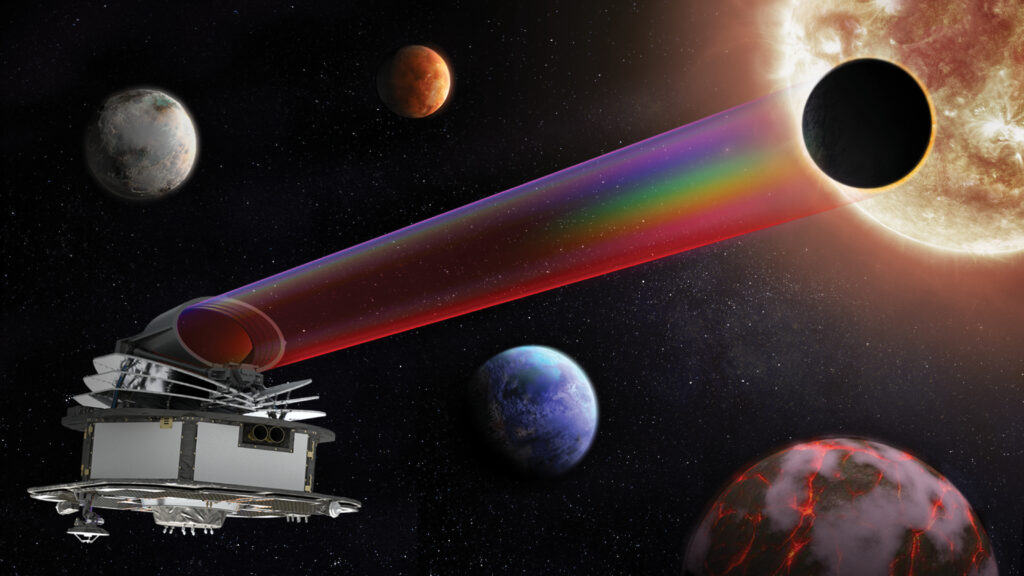 Artist's impression of the Ariel telescope in space, with the baffle visible on top of the spacecraft. Credit: ESA
