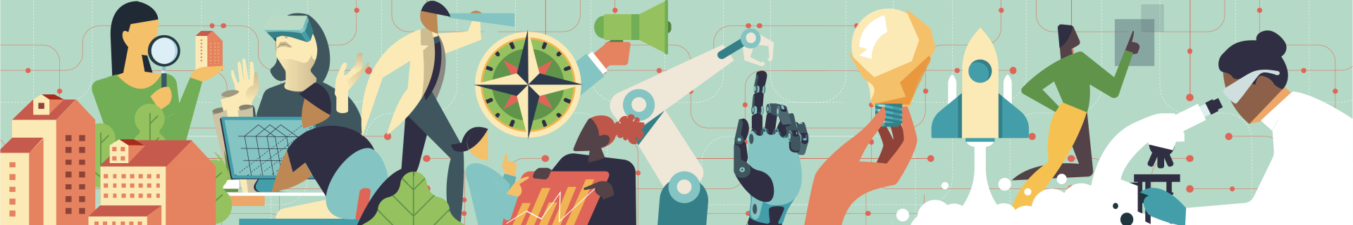 Various colourful illustrations featuring researchers, a lightbulb, robotic arm, compass and rocket