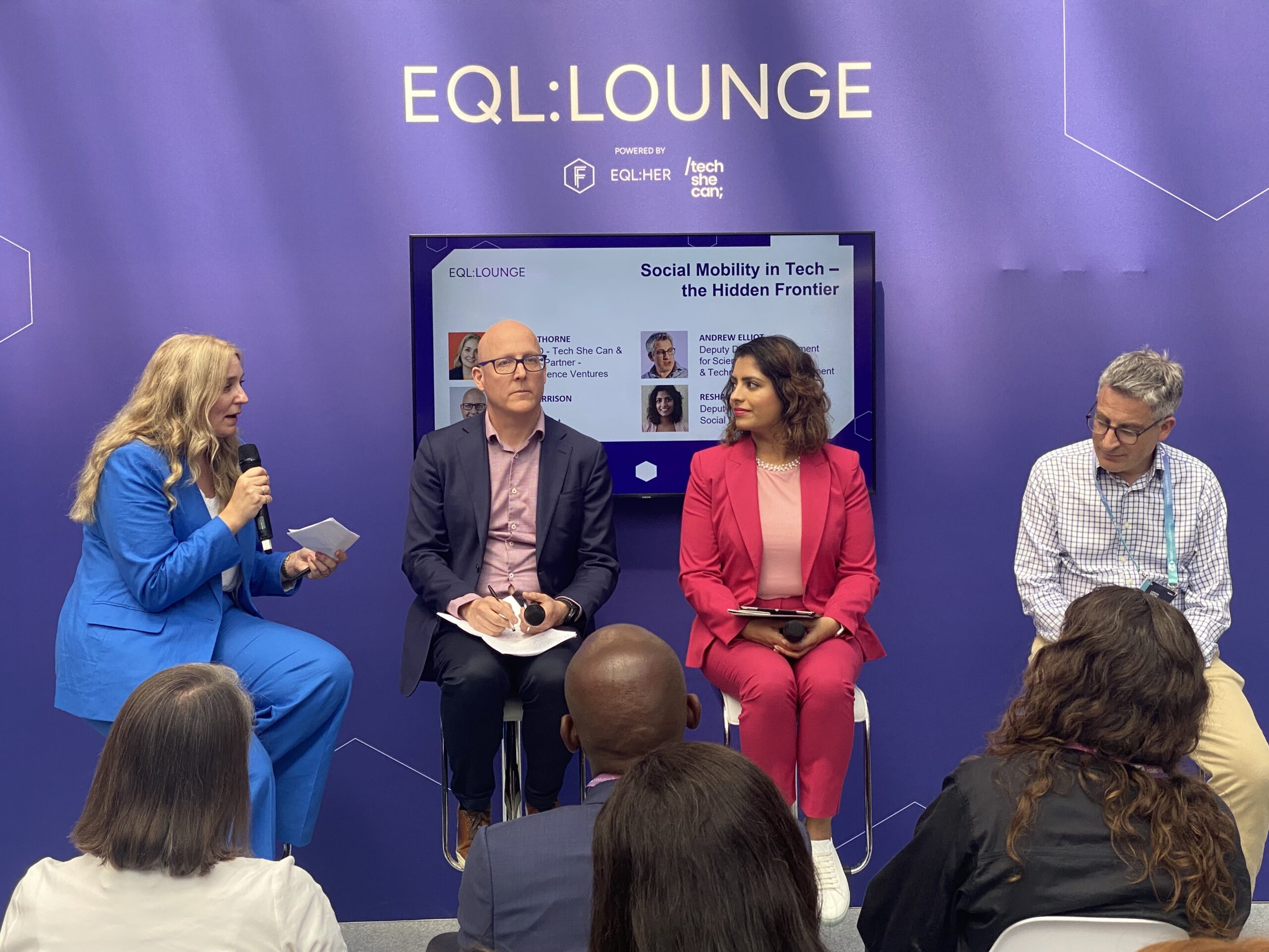 Tech She Can panel, Claire Thorne (Tech She Can), Nick Harrison (Sutton Trust), Resham Kotecha (Social Mobility Commission) and Andrew Elliot (DSIT).