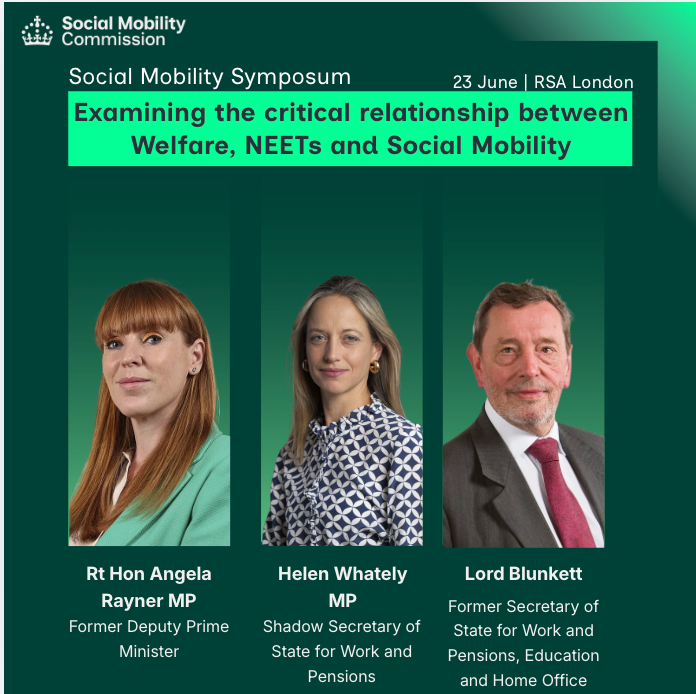Title: Examining the critical relationship between Welfare, NEETs and Social Mobility. Headshots of keynote speakers: Angela Rayner, Helen Whately and Lord Blunkett